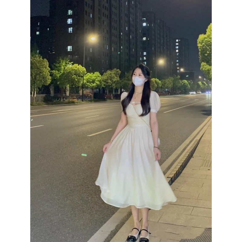 Đầm Cổ Vuông Tay Phồng Họa Tiết Kẻ Sọc Thiết Kế Eo Cao Thời Trang Mùa Hè Mới Cho Nữ