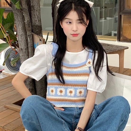 ZHELIHANGFEI Áo Croptop 2 Dây Len Móc Thêu hoa Đi Du Lịch