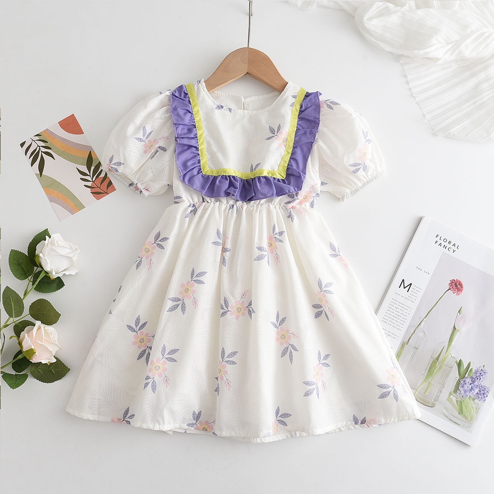 Đầm công chúa BEAR LEADER vải cotton in họa tiết mộc mạc có diềm xếp nếp thời trang mùa hè 2022 cho bé gái 2-7 tuổi
