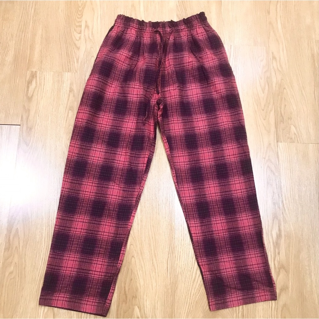 Quần pyjama nữ vải cotton suông rộng họa tiết kẻ caro đỏ đen