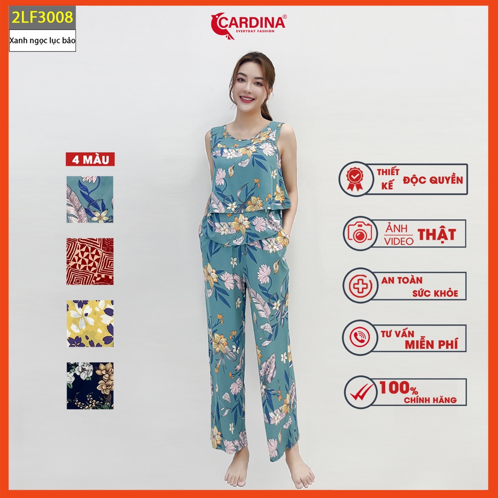 Đồ bộ nữ CARDINA chất lanh lụa nhật cao cấp áo sát nách bèo tầng quần dài suông họa tiết 2LF30