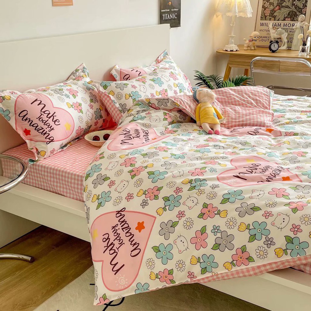 Bộ chăn ga gối Cotton Poly 4 món - Hoa chữ ( Không kèm ruột )