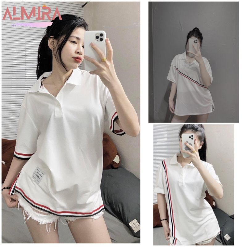 Áo Thun Polo Viền 3 Sọc Chéo Quốc Dân, Áo Thun Polo Nam Nữ Form Rộng Unisex