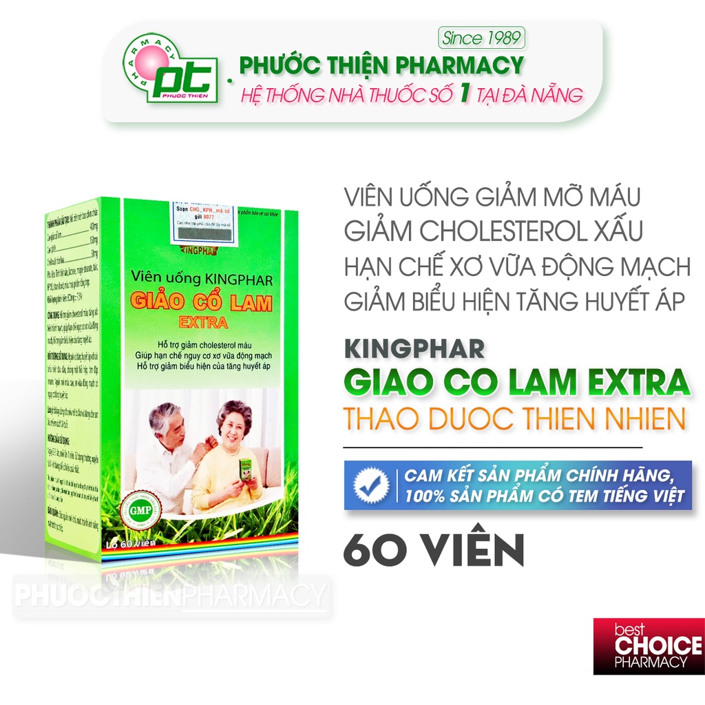 Giảo Cổ Lam Extra Kingphar - Viên Uống Hạ Mỡ Máu Ổn Định Huyết Áp Lọ 60 Viên