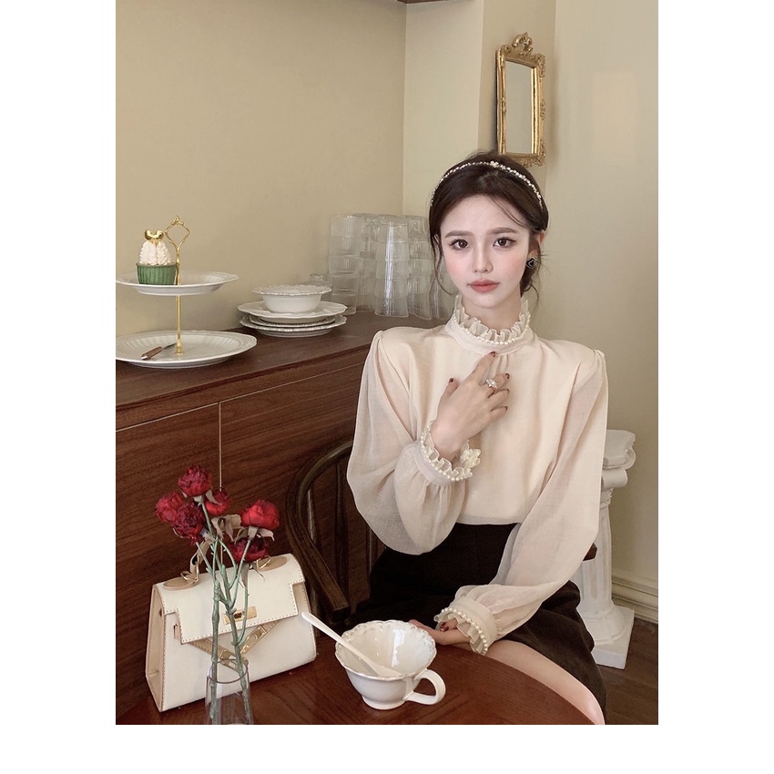 Áo Kiểu Tay Phồng Dài Cổ Lọ Phối Ren Thời Trang Trẻ Trung