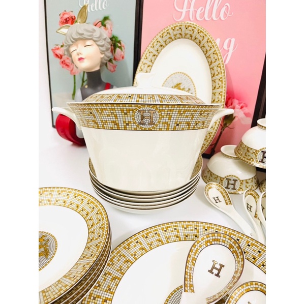 BỘ BÁT ĐĨA SỨ XƯƠNG CHỮ H🍀ẤM CHÉN SỨ XƯƠNG🍀PHỤ KIỆN CÙNG BỘ