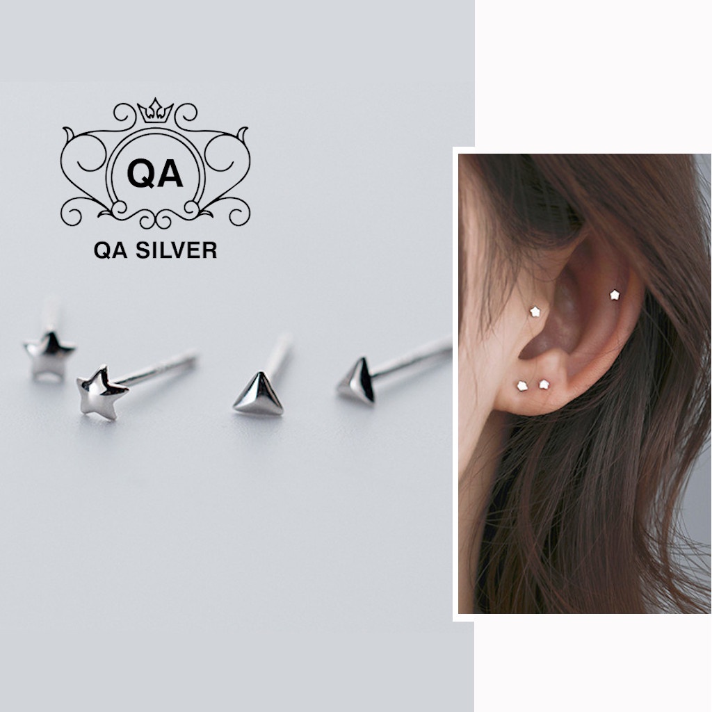 Bông tai bạc 925 nụ nhí mini khuyên nam nữ tam giác ngôi sao vuông S925 PETITE Silver Earrings QA Silver EA200606