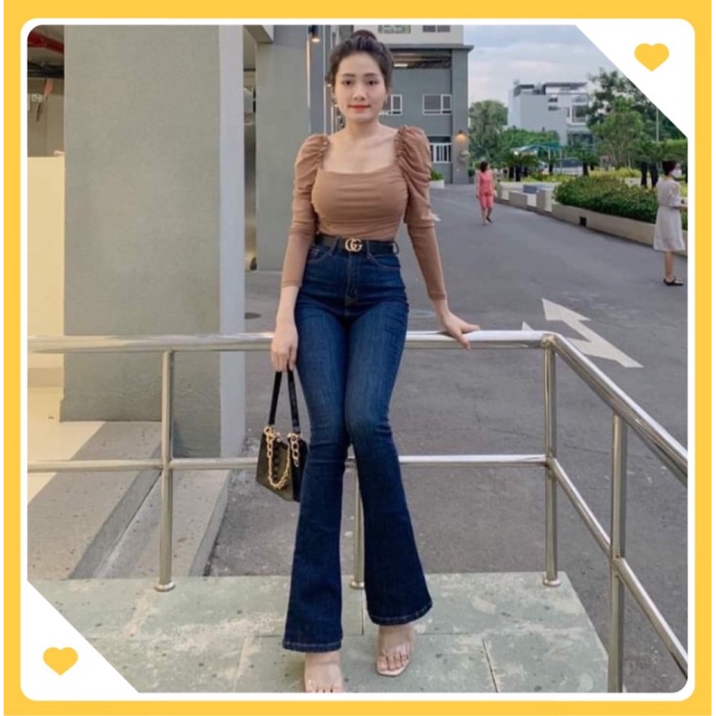 (như  hình ) Quần Jean Ống Loe Lưng Cao Co Giãn màu xanh Hàng Cao Cấp [ẢNH THẬT] Quần Bò Ống Loe Rách Gấu Nữ
