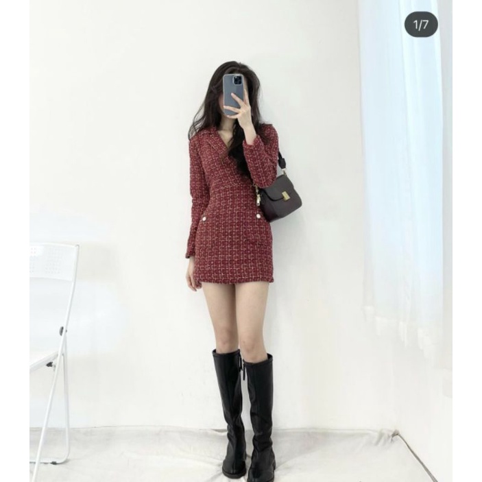 ⚡Bán Sỉ ⚡Đầm Váy dạ Tweed cổ vest nữ tính thời trang trẻ trung kiểu dáng hàn quốc | BigBuy360 - bigbuy360.vn
