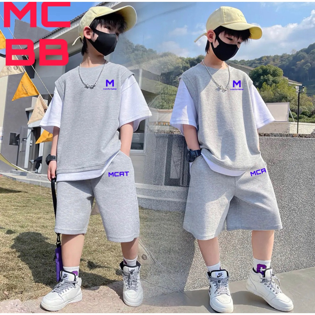 Mcbb 24-49 kg 100% vải cotton đồ bộ bé trai áo phông bé trai cộc tay quần đùi short hiphop bộ quần áo bé trai trẻ em nam