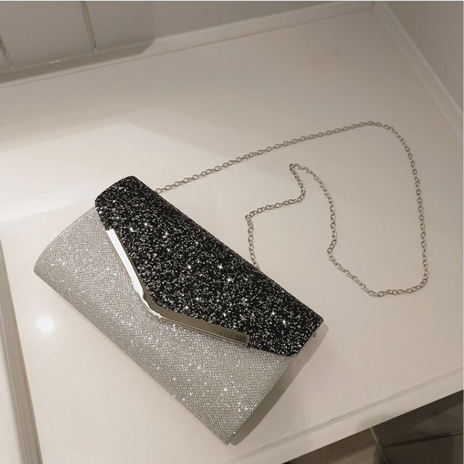 Clutch nữ, ví nữ cầm tay sự tiệc đính đá phối đen trắng siêu sang BAG U CDA22