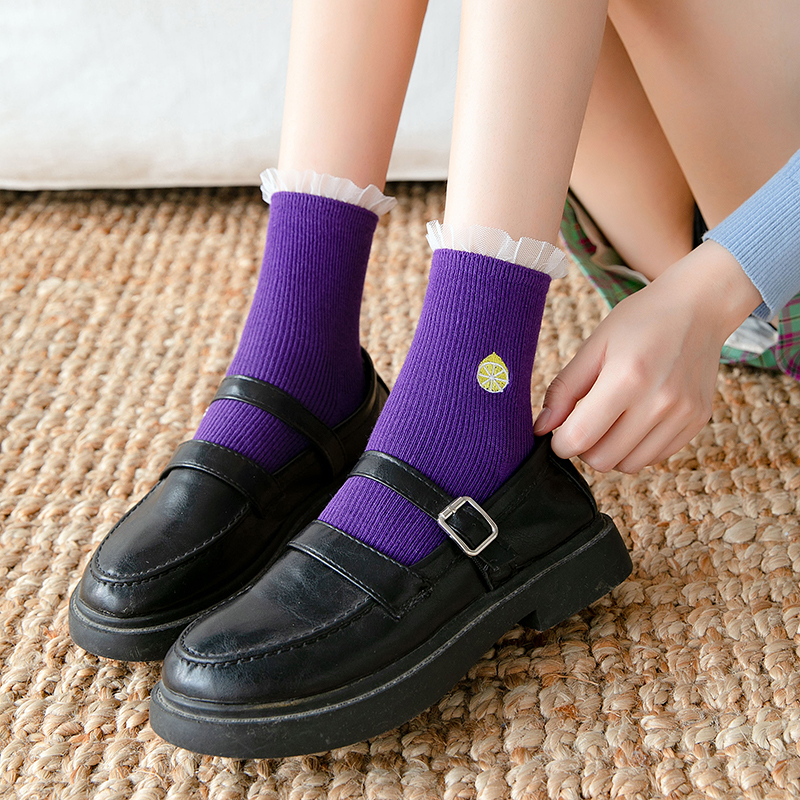 Lace Welt Fruits Embroidery Cotton Women Sweet Short Socks High Quality Solid Color Girls Crew Socks Elastic Cute Novlty Socks