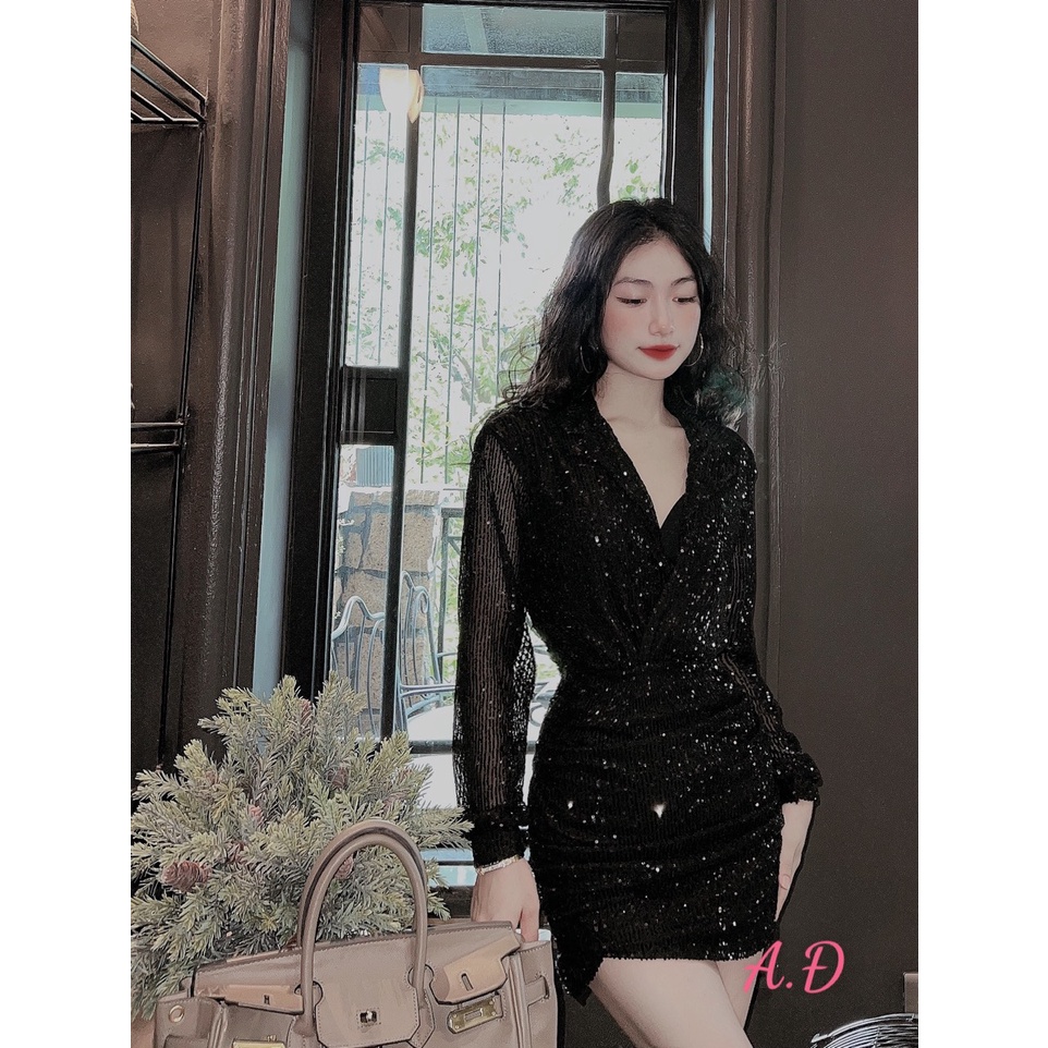 Đầm body kim sa xẻ ngực sexy