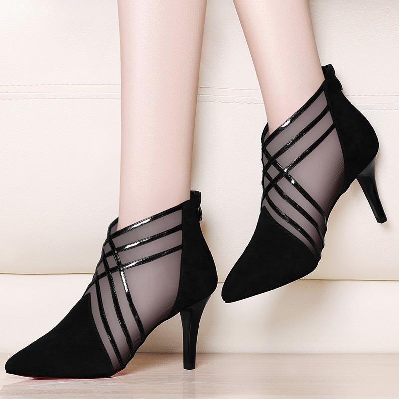 ❄☞2019 spring new mesh stiletto heel shoes women s high heels Korean version of all-match fashion suede mid-heel