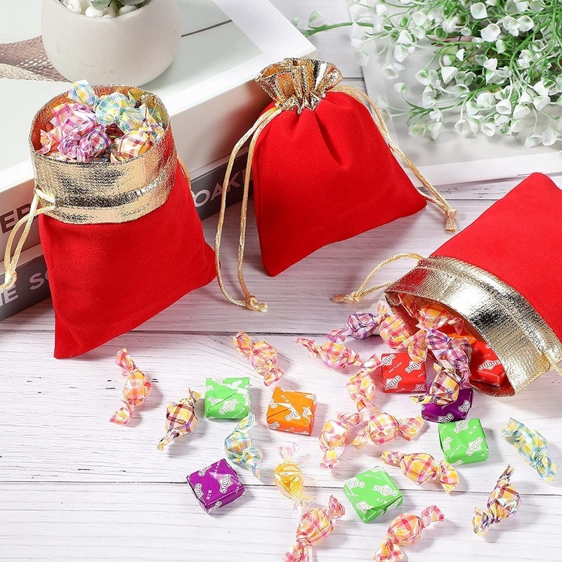 Túi đựng đồ trang sức/quà tặng bằng vải nhung màu đỏ/vàng có dây rút kích thước 10*12cm