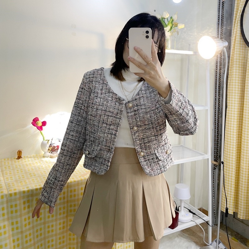 Áo khoác dạ hai lớp croptop + TẶNG kèm hộp, túi thơm