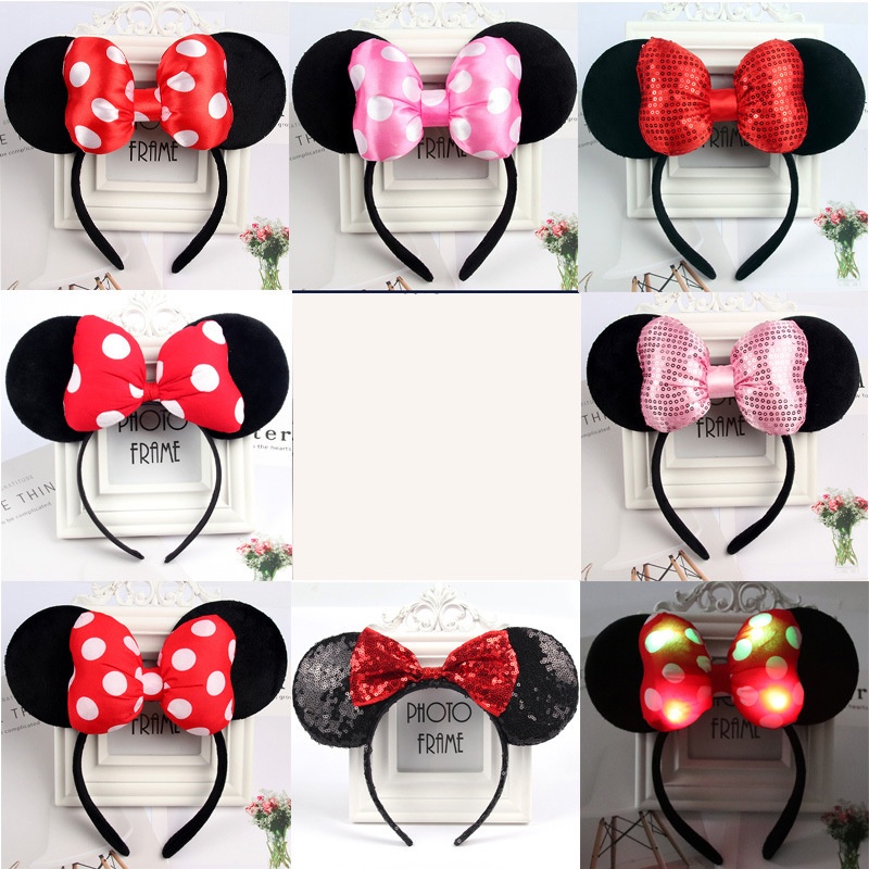 Băng Đô Cài Tóc Đính Nơ Tai Chuột Mickey Minnie Dễ Thương