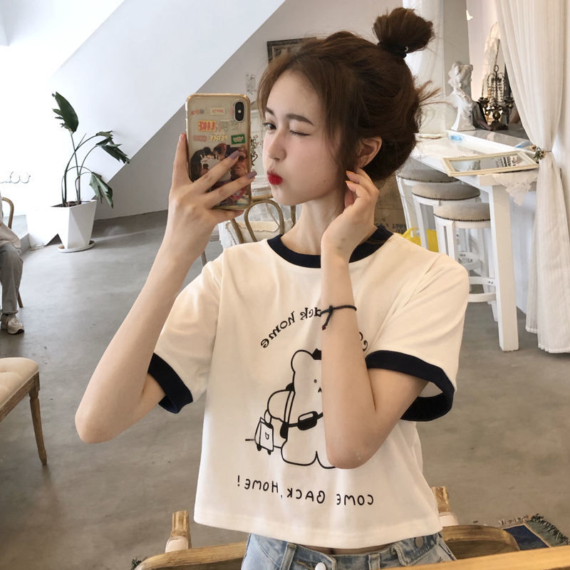 Korean Summer Version 2020 New Cute Round Collar Printed Geometric Student Tshirts Short Sleeve Fashion Top Women