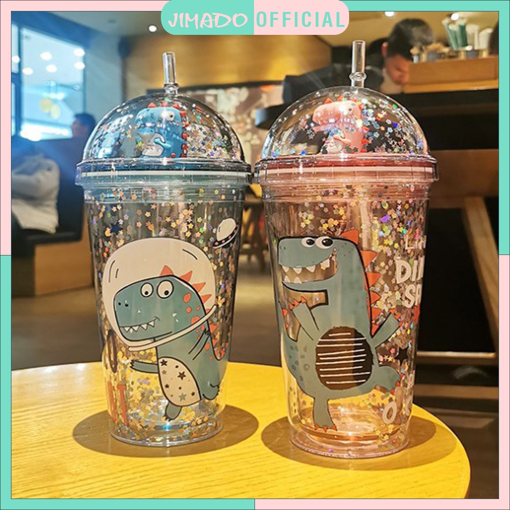 Bình nước giữ cho bé nhiệt cute có ống hút bằng nhựa hai lớp kim tuyến in hình khủng long JIMADO D2.89.DO