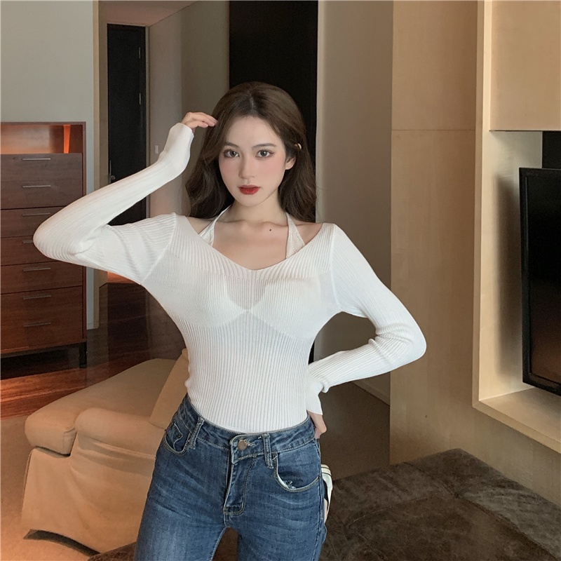 SUXI Áo dây dệt kim dài tay màu trơn thời trang Hàn Quốc cho nữ