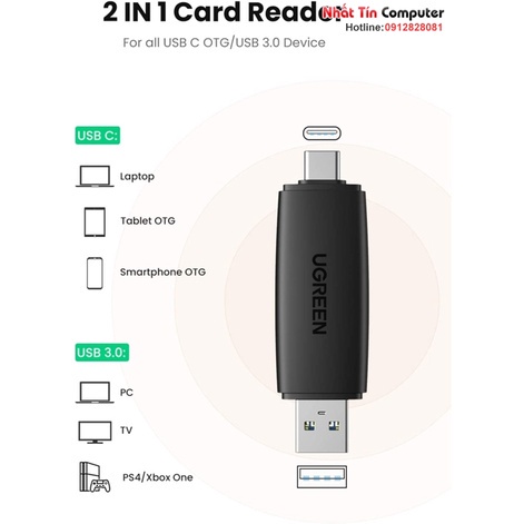 Đầu đọc thẻ nhớ SD/TF 2 trong 1 USB-A &amp; USB-C Ugreen 80191 cao cấp