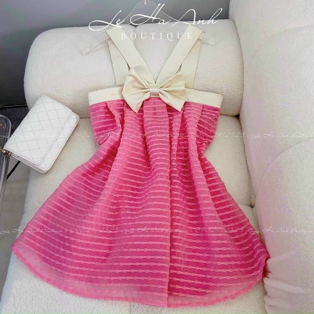 Đầm Thời Trang Nữ Mặc Đi Chơi, Đầm Xốp Tơ Hạt Nổi Ô Vuông 2 Dây Chéo Cổ Có Nơ Xinh Xinh , Váy Suông Ngắn Siêu Phồng