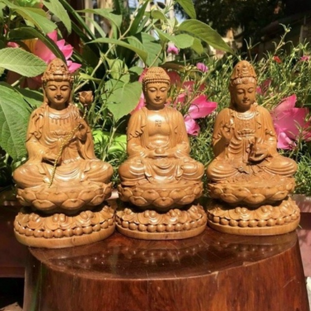 Bộ tượng gỗ bách xanh tây phương tam thánh phật và ta bà tam thánh phật gồm phật adi đà,quán thế âm,đạt thế chí,địa tạng
