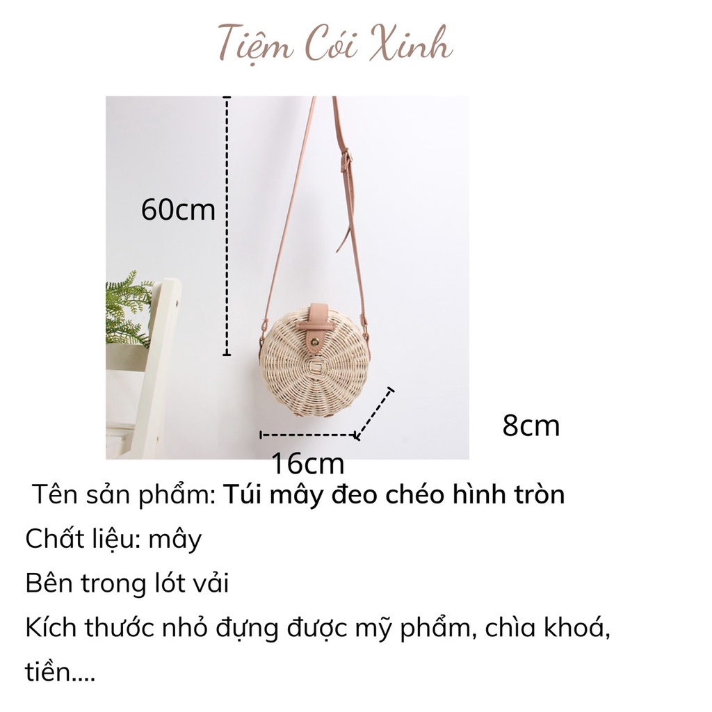 Túi Mây Đeo Chéo Quai Da Hộp Tròn, Túi Cói Mini Đi Biển Vintage Có Lót Vải Đẹp Xuất Sắc