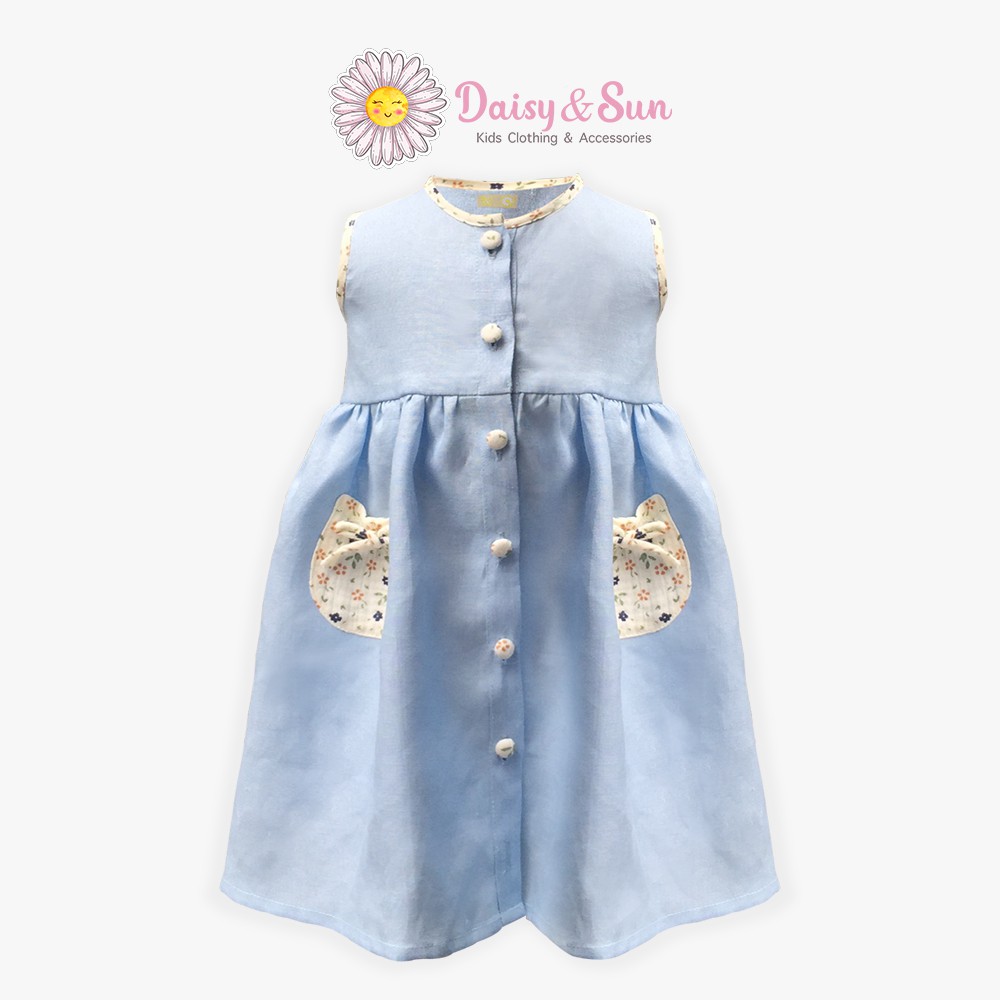 [Có video] Đầm Sát Nách Cho Bé DAISY &amp; SUN Xanh Biển Pastel Vải Linen Tưng