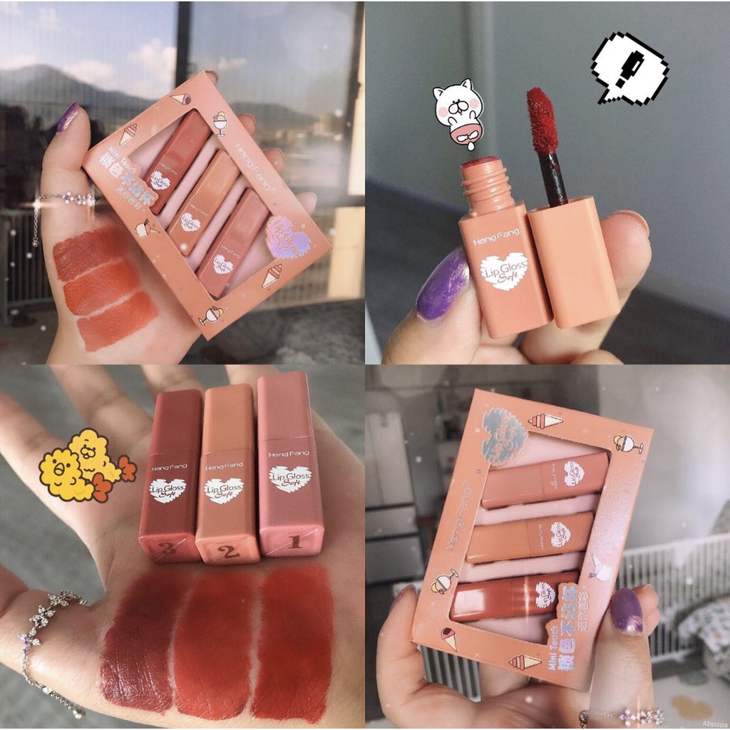 Set Son Kem Lì 3 cây mini Hengfang H7049 nội địa sỉ rẻ siêu cưng dủ màu lâu trôi mềm mịn matte lipstick bộ son lì