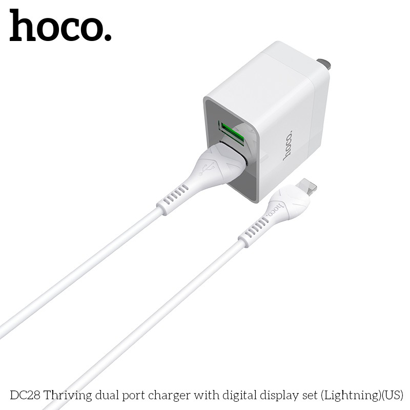 Bộ sạc nhanh Hoco DC28 màn hình led 2 cổng USB cáp Lightning 1m -Dành cho thiết bị Iphone, Ipad