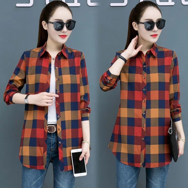 Áo sơ mi caro tay dài dáng rộng phong cách retro Hàn Quốc mới cho nữ