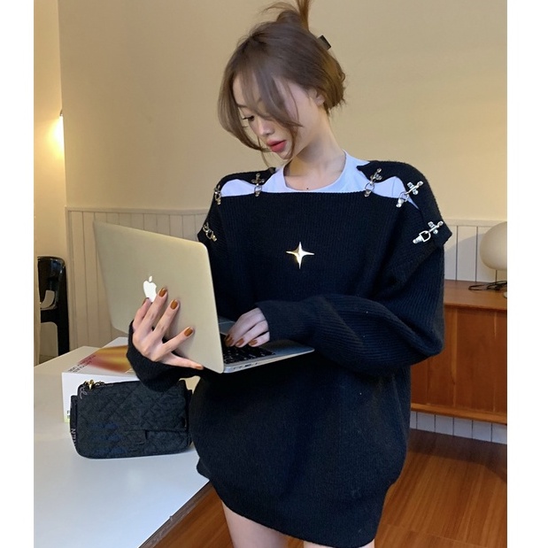 QKOOLE Áo sweater Dệt Kim Tay Dài Dáng Rộng Trễ Vai Phong Cách Hàn Quốc
