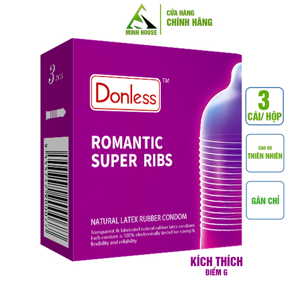 Donless romantic super ribs Bao cao su bcs gân chỉ, kích thích điểm G-Malaysia, Hộp 3 chiếc Minh House