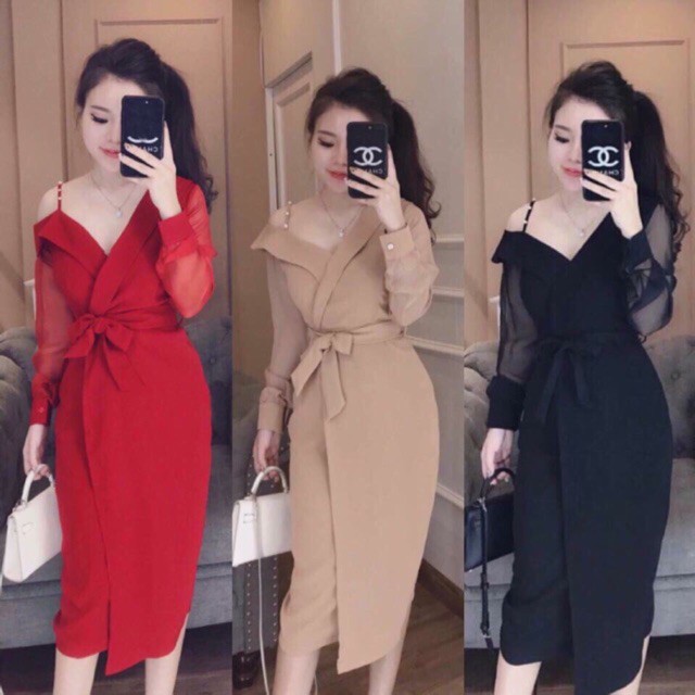 [BÁN GIÁ GỐC] Đầm body tay lưới lệch vai thắt eo + Ảnh thật thoitrangshop2019