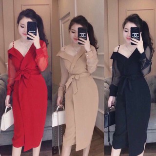 Đầm body tay lưới lệch vai thắt eo + Ảnh thật thoitrangshop2019