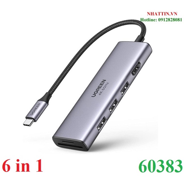 Thiết bị mở rộng 6 in1 USB type-C to HDMI/ Hub USB 3.0/ SD/TF chính hãng Ugreen 60383 cao cấp