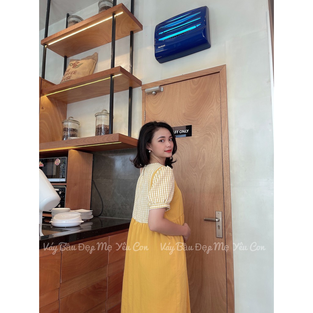 Váy Bầu Công Sở, Đầm Bầu Babydoll Vàng Phối Kẻ Vàng Giả Yếm [Video + ảnh thật ]
