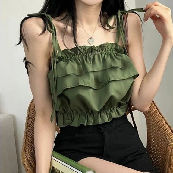 Áo 2 dây nữ dáng croptop đũi thắt nơ vai hở lưng đen trắng xanh freesize đi biển kiểu dáng hàn quốc hot trend Wikishop