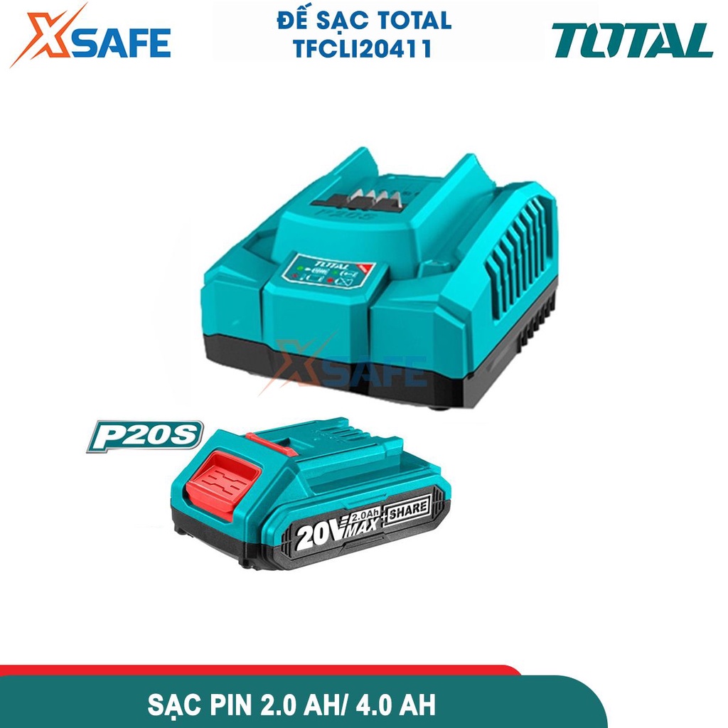 Đế sạc 20V TOTAL TFCLI20411, cục sạc nhanh pin 20V/4.0Ah trong 1 giờ, cạc pin 20V/2.0Ah trong 30 phút - CHÍNH HÃNG