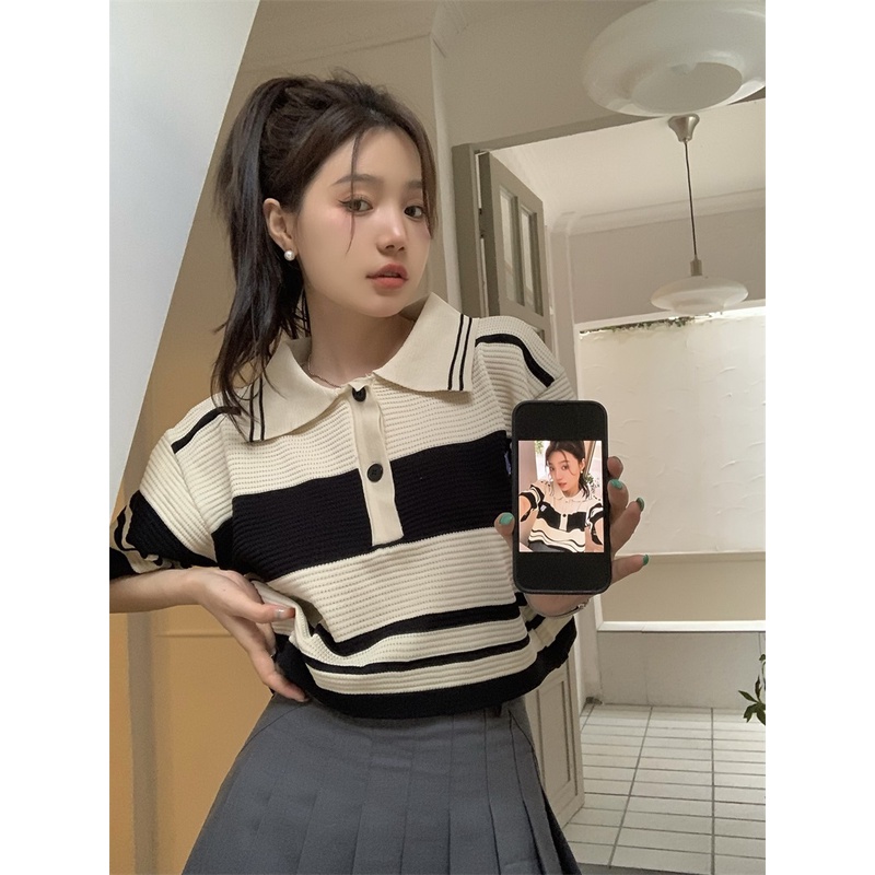 Áo polo Họa Tiết Sọc Phong Cách Hàn Quốc Thời Trang Cho Nữ