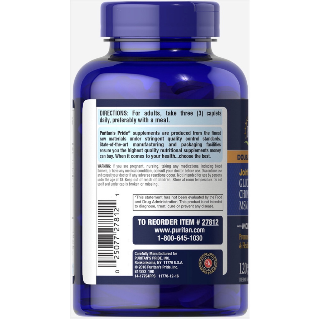 Viên Bổ Sung Glucosamine MSM Puritan's Pride Của Mỹ, 120 viên