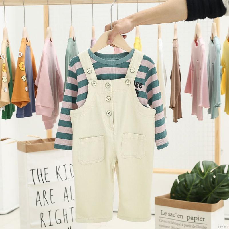 Set trang phục áo thun tay dài họa tiết kẻ sọc và quần yếm dài phong cách Hàn Quốc xinh xắn dành cho bé gái