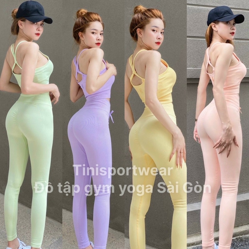 Bộ Botee Pastel Performance Áo Bra Dây Full Logo Đồ Tập Yoga Tinisportwear