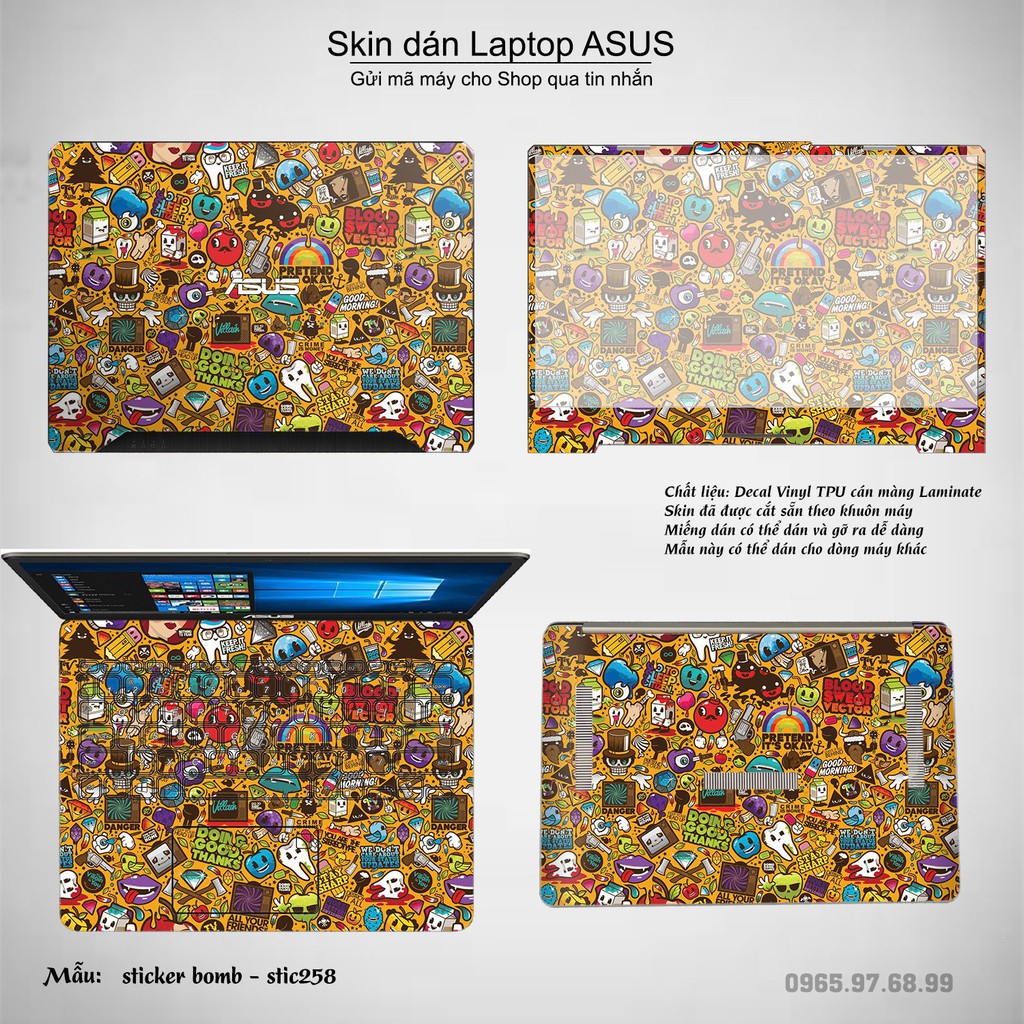 Skin dán Laptop Asus in hình sticker bomb (inbox mã máy cho Shop)