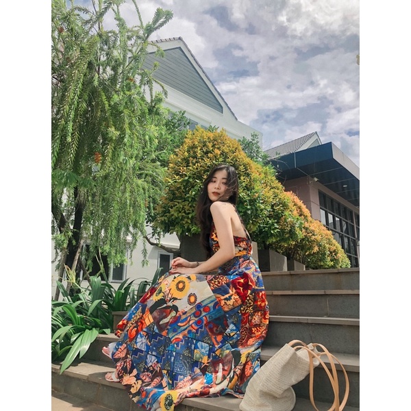 [ẢNH THẬT + VIDEO] đầm maxi dài cổ yếm họa tiết thổ cẩm đi biển (kèm mút ngực) đầm nữ dáng dài du lịch hở lưng sexy | BigBuy360 - bigbuy360.vn