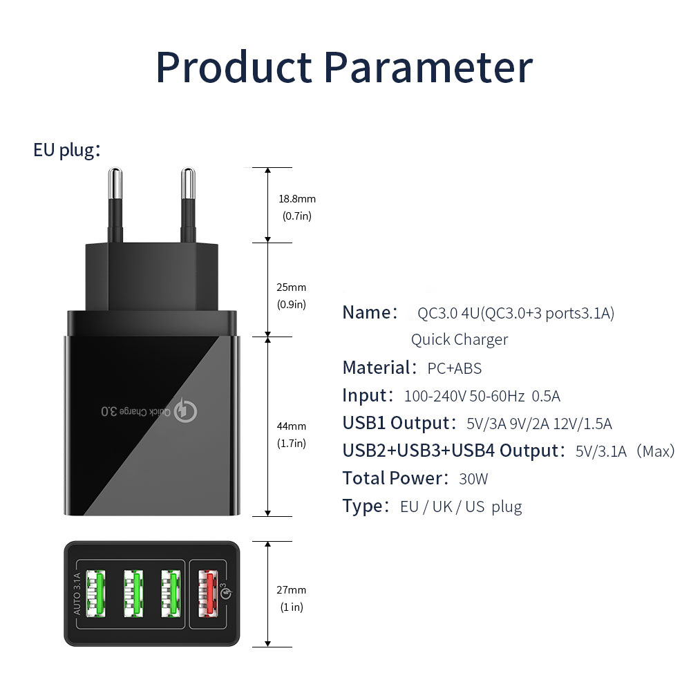 Củ Sạc Nhanh Twitch 4 Cổng Cắm USB QC 3.0 5V 3A US / EU Màu Trắng/ Đen Tiện Dụng Khi Đi Du Lịch