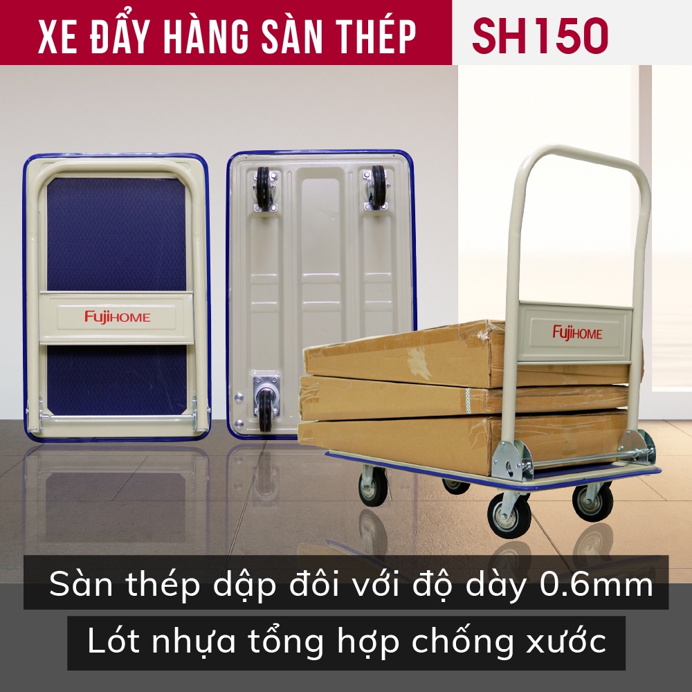 Xe đẩy hàng 4 bánh gấp gọn 100kg -200kg nhập khẩu CN Nhật Bản FUJIHOME đa năng, bánh cao su chống ồn, Bảo hành 1 năm