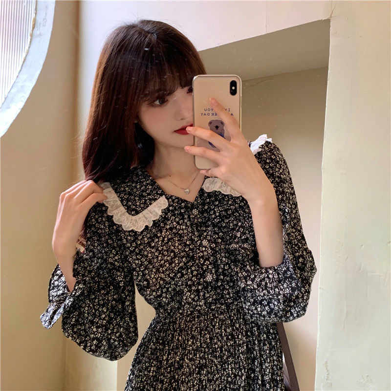 Đầm Hoa Cổ Chữ v Rộng Thời Trang retro Mùa Thu Năm 2021