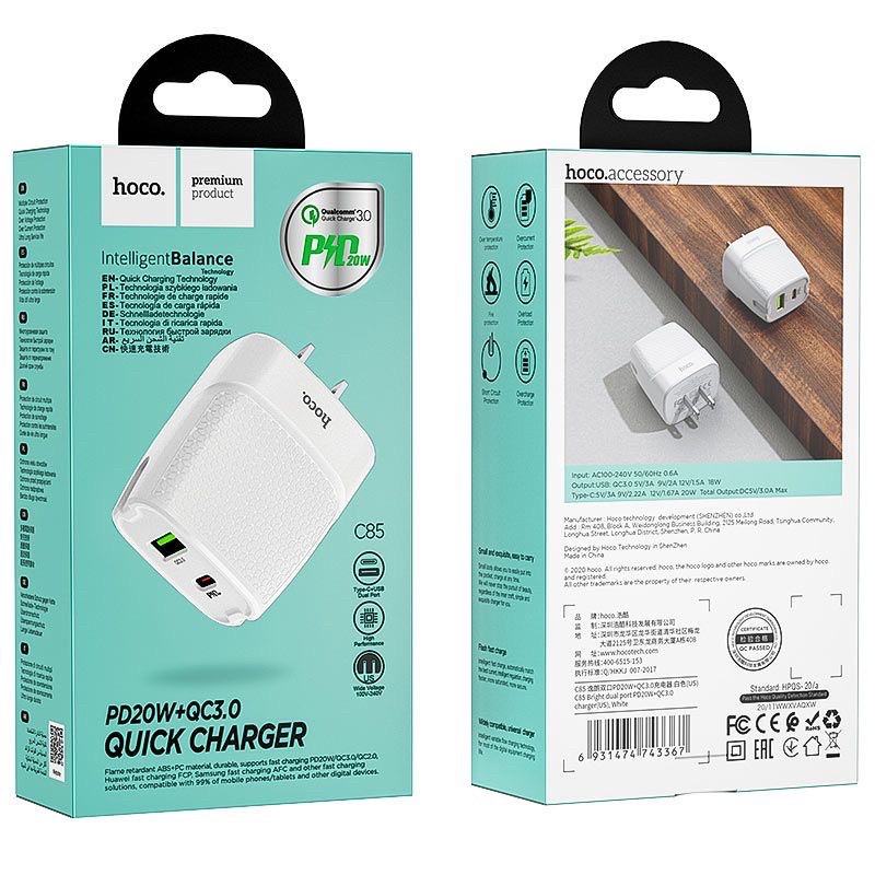 Cốc Sạc Nhanh Hoco C85A/C85 QC 3.0 + PD 20W Củ Sạc Nhanh 2 Cổng USB &amp; Type-C Cực Bền, Chống Cháy Cho Iphone/Android